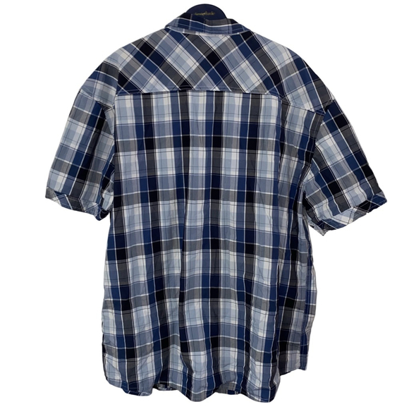 Men's Marc Ecko Cut & Sew Short Sleeve Button Down Plaid Shirt Blue/Gray 3XL - Picture 2 of 3
